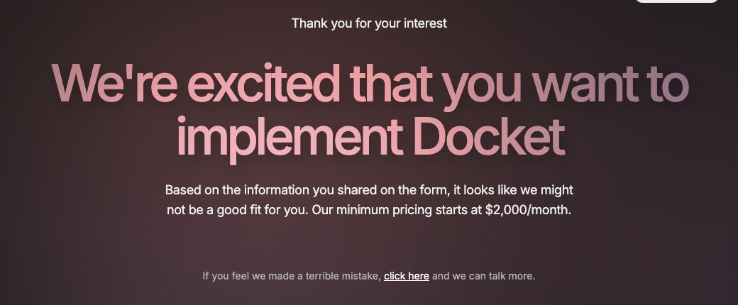 Docket's response page telling smaller companies they may not be a good fit