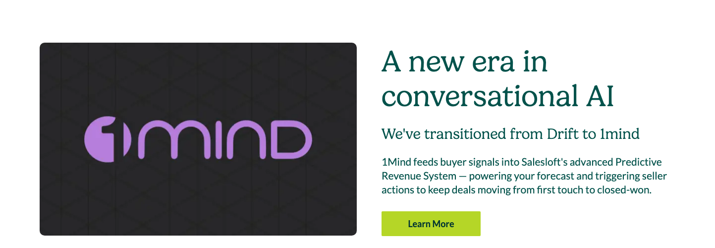Salesloft's chat-agents page announcing the transition from Drift to 1mind