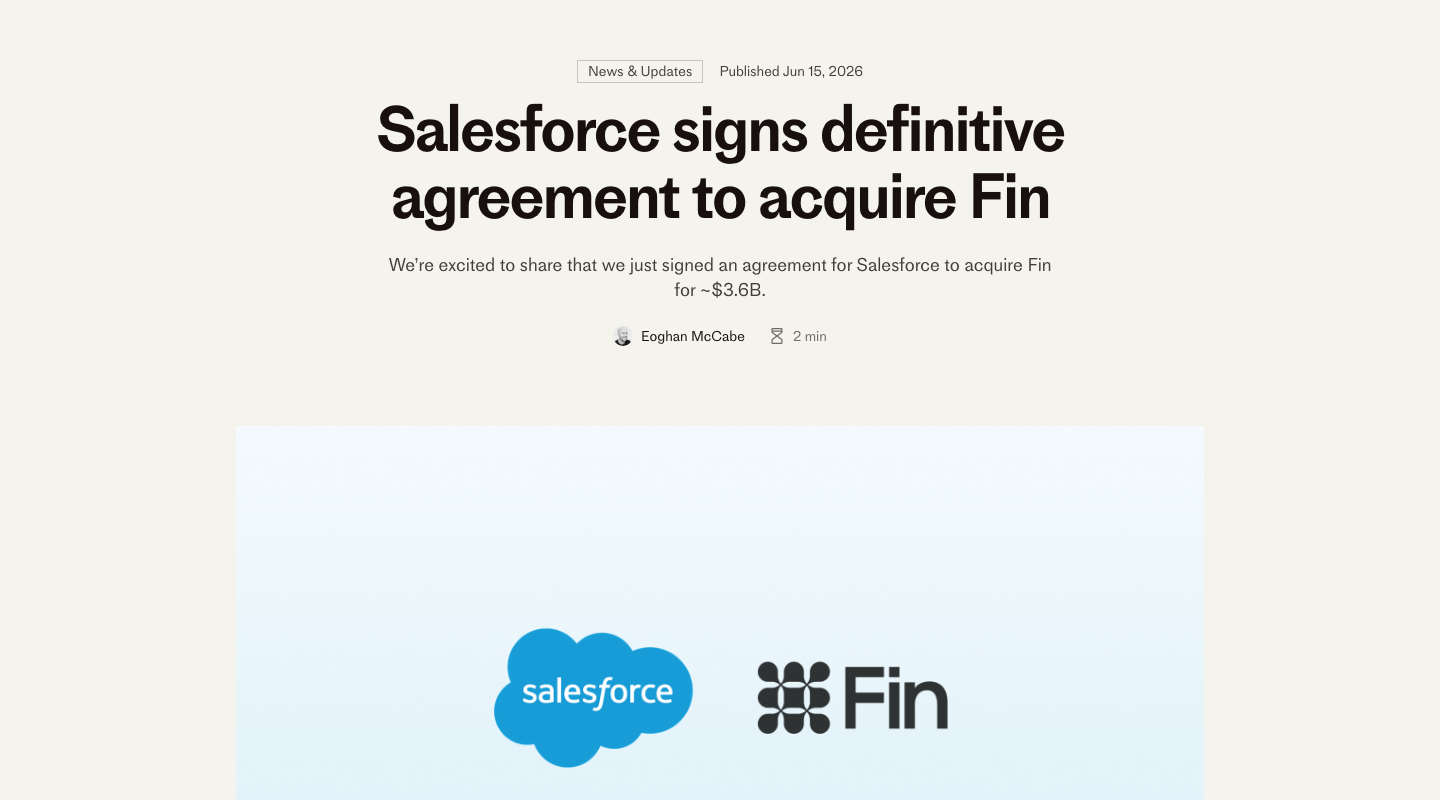 Intercom's blog post announcing Salesforce's agreement to acquire Fin for about $3.6 billion