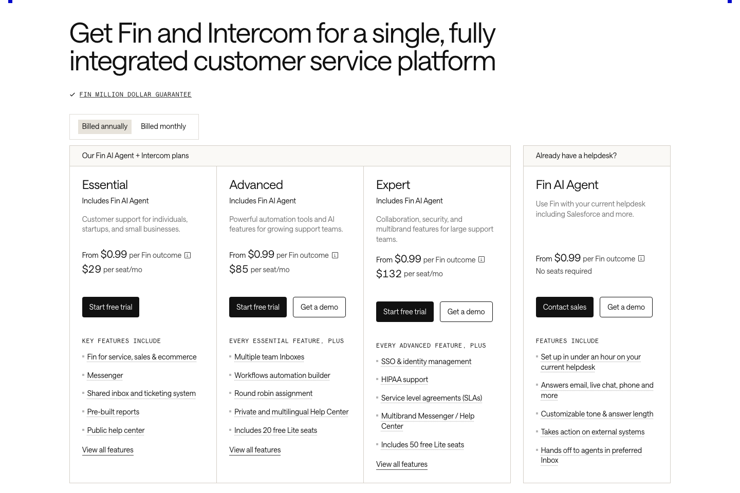 Intercom's pricing page: From $0.99 per Fin outcome, seats at $29, $85 and $132 a month