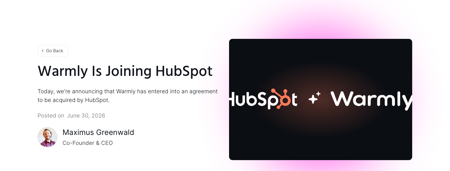 Warmly's announcement post, titled Warmly Is Joining HubSpot