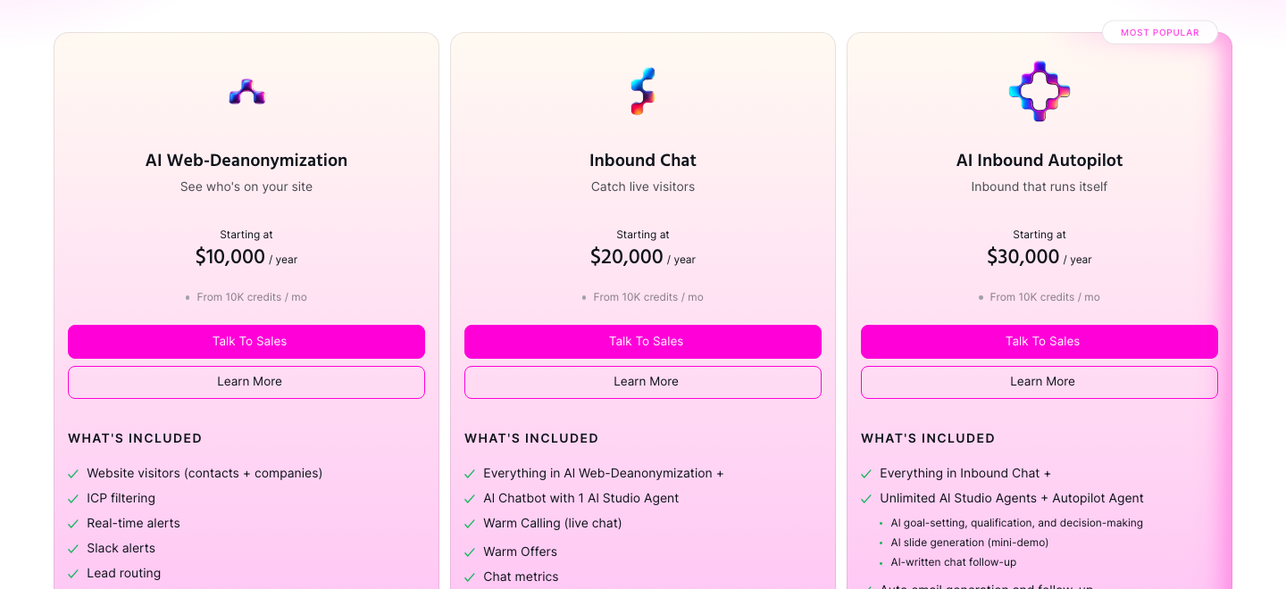 Warmly's pricing page showing three annual tiers, each with a Talk To Sales button
